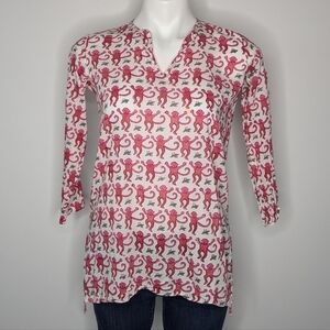 Roberta Roller Rabbit pink white monkey print sheer tunic blouse 8